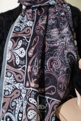 Elegant Motif Soft Şal Siyah Gri - Başörtüsü
