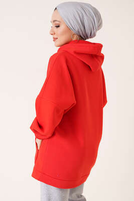 Kanguru Cepli Oversize Tunik Kırmızı - Tunik