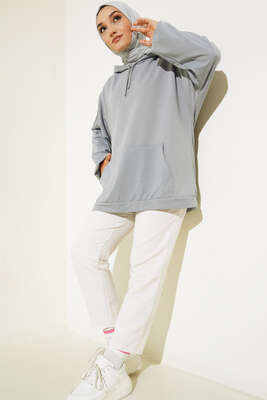 Kapüşonlu Oversize Sweat Kayrak Grisi 