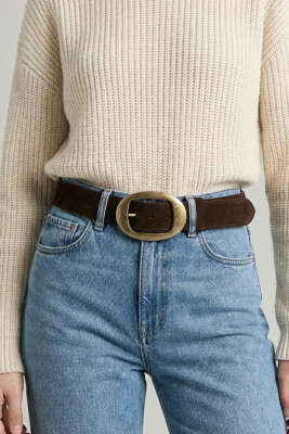 Elips Tokalı Süet Kemer Kahve - Süet Kemer