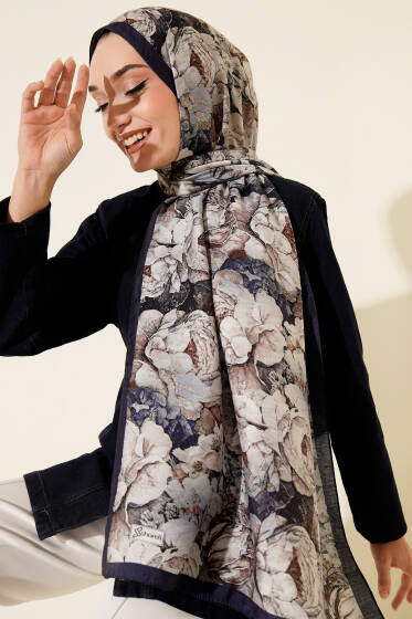 Elora Serisi Desenli Modal Şal Lacivert - Başörtüsü