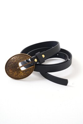 Buckle Embroidered Black Belt-12551 - Thumbnail