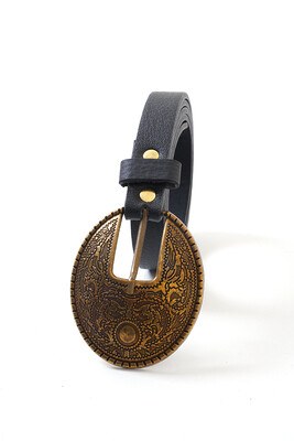 Buckle Embroidered Black Belt-12551 - Thumbnail