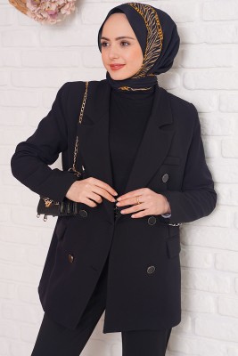 Double Breasted Classic Black Jacket-00860-3428 - Thumbnail