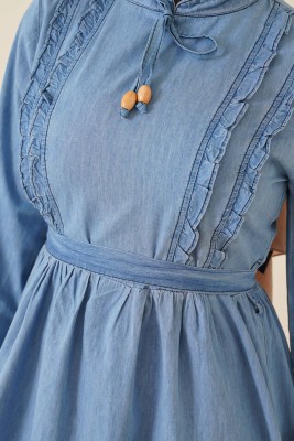 Front Frilly Denim Dress - Denim Blue - FEVERAN2121 - Thumbnail