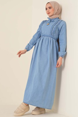Front Frilly Denim Dress - Denim Blue - FEVERAN2121 - Thumbnail
