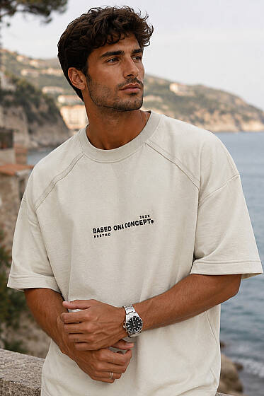 Enjeksiyon Baskılı Salaş Erkek T-shirt Bej - Erkek T-shirt