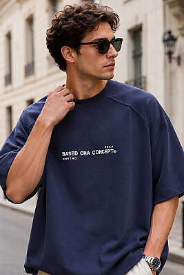 Enjeksiyon Baskılı Salaş Erkek T-shirt Lacivert 