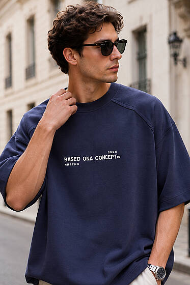 Enjeksiyon Baskılı Salaş Erkek T-shirt Lacivert - Erkek T-shirt