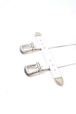Metal Double Buckle White Belt-12558 - Thumbnail