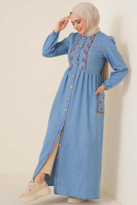 Pocket Embroidered Dress -Blue FEVERAN2124 - Thumbnail