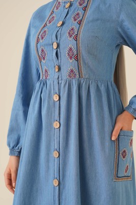 Pocket Embroidered Dress -Blue FEVERAN2124 - Thumbnail