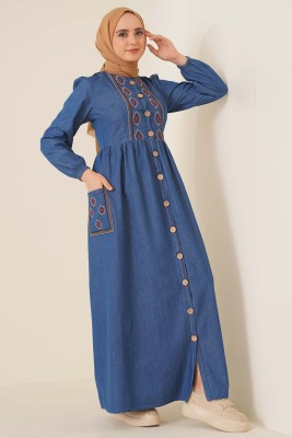 Pocket Embroidered Dress -Indigo FEVERAN2124 - Thumbnail