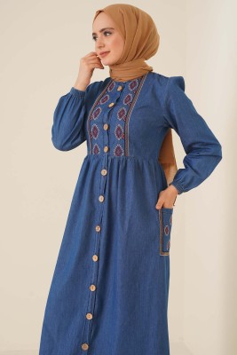 Pocket Embroidered Dress -Indigo FEVERAN2124 - Thumbnail