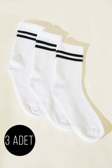 Erkek 3'lü Fitilli Şeritli Kolej Çorap Beyaz - ERKEK ÇORAP