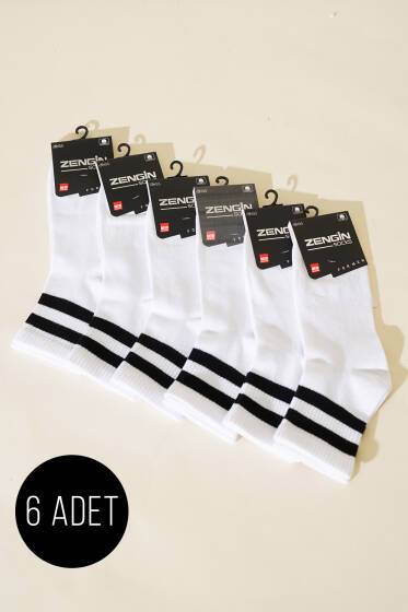 Erkek 6'lı Penye Şeritli Kısa Konç Çorap Beyaz - ERKEK ÇORAP