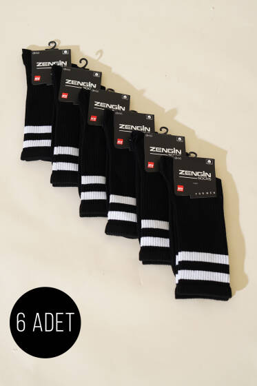 Erkek 6'lı Penye Şeritli Konç Çorap Siyah - ERKEK ÇORAP
