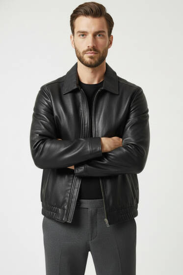 Erkek Deri Mont Siyah - Erkek Mont