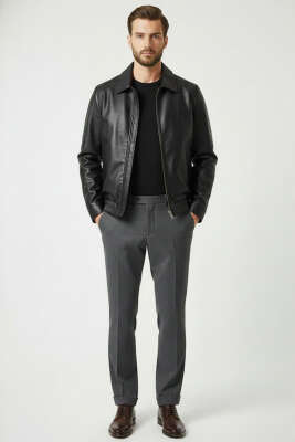 Erkek Deri Mont Siyah - Erkek Mont