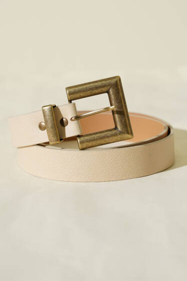 Eskitme Kare Tokalı Kemer Bej - Deri Kemer