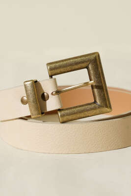 Eskitme Kare Tokalı Kemer Bej - Deri Kemer