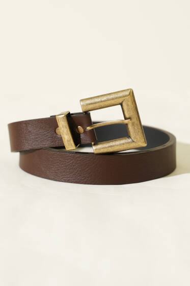 Eskitme Kare Tokalı Kemer Kahve - Yılın Fırsatı