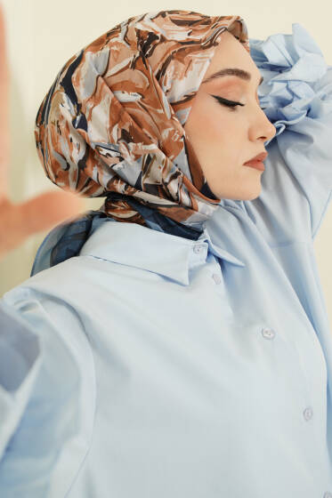 Eskiz Çiçek Desen Eşarp İndigo - Başörtüsü