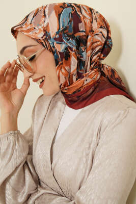 Eskiz Çiçek Desen Eşarp Kiremit - VERTU (NYD TEKSTİL)