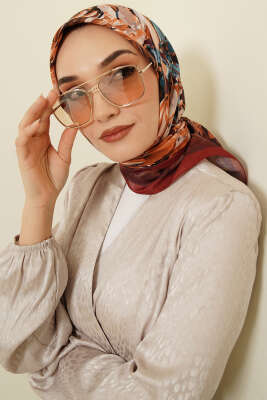 Eskiz Çiçek Desen Eşarp Kiremit - Başörtüsü