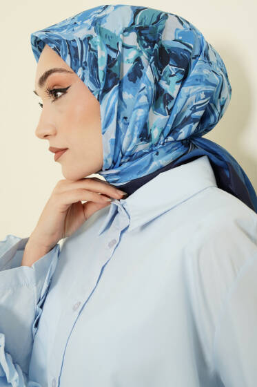 Eskiz Çiçek Desen Eşarp Lacivert - Başörtüsü