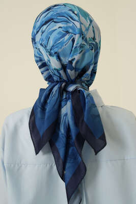 Eskiz Çiçek Desen Eşarp Lacivert - Başörtüsü