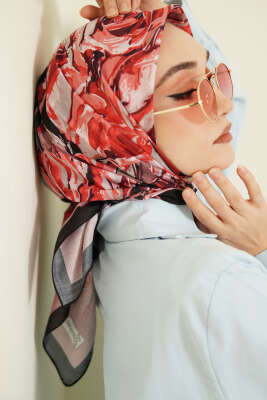 Eskiz Çiçek Desen Eşarp Siyah Bordo - Başörtüsü