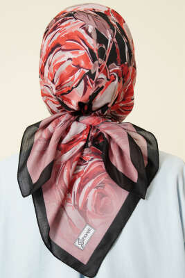 Eskiz Çiçek Desen Eşarp Siyah Bordo - Başörtüsü