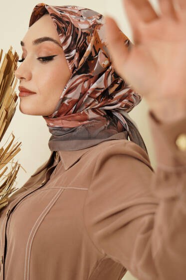 Eskiz Çiçek Desen Eşarp Vizon - Başörtüsü