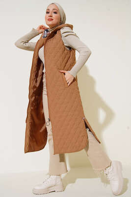 Kapüşonlu Kapitone Uzun Yelek Camel - ESSE