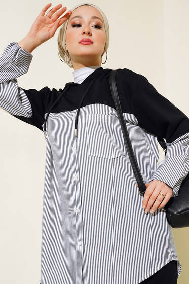 Kapşonlu Çizgili Tunik Siyah - Tunik