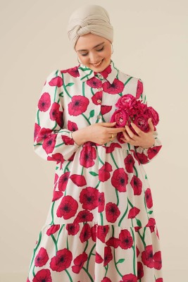 Yarım Düğmeli Çiçek Desenli Fuşya Elbise - Thumbnail