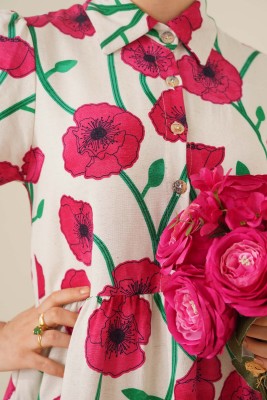 Yarım Düğmeli Çiçek Desenli Fuşya Elbise - Thumbnail