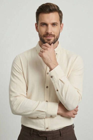 Etamin Kumaş Erkek Gömlek Bej - Erkek Gömlek