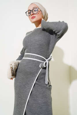 Eteği Bağlamalı Triko Elbise Füme - Tesettür Elbise