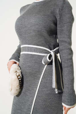 Eteği Bağlamalı Triko Elbise Füme - Tesettür Elbise