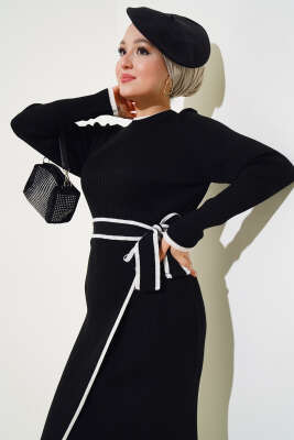 Eteği Bağlamalı Triko Elbise Siyah - Tesettür Elbise