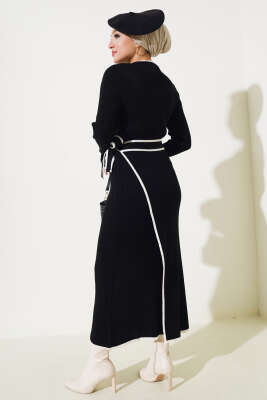 Eteği Bağlamalı Triko Elbise Siyah - Tesettür Elbise