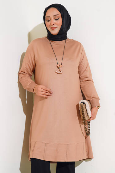 Eteği Dikiş Taşlı Büyük Beden Tunik Bej - Tunik