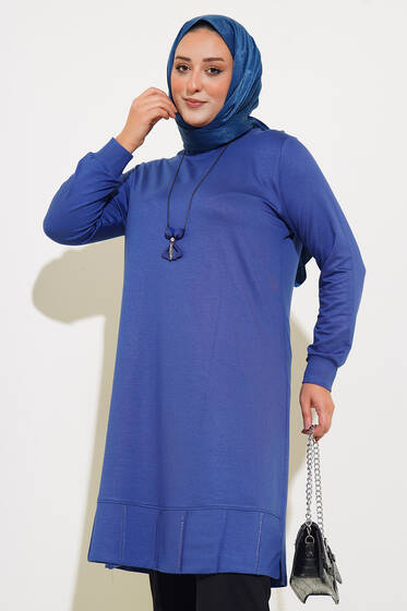 Eteği Dikiş Taşlı Büyük Beden Tunik İndigo - Tunik