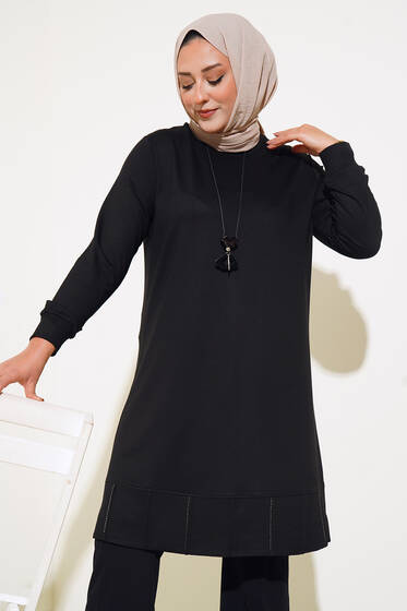 Eteği Dikiş Taşlı Büyük Beden Tunik Siyah - Tunik