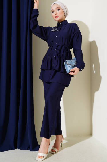 Eteği Fırfırlı İp Kuşaklı İkili Takım Lacivert - İkili Takım