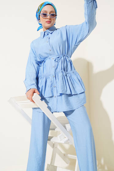 Eteği Fırfırlı İp Kuşaklı İkili Takım Mavi - İkili Takım