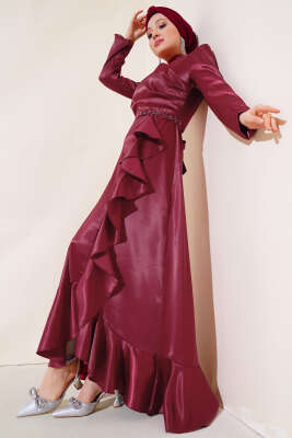 Eteği Fırfırlı Kuşak Bağlamalı Elbise Bordo - ALGI