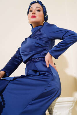 Eteği Fırfırlı Kuşak Bağlamalı Elbise Lacivert - Thumbnail